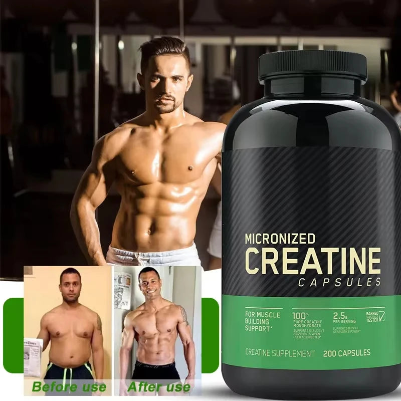 60 cápsulas de monohidrato de creatina. Suplemento para el rendimiento muscular para hombres y mujeres. Sin OGM ni gluten. Ideal para fitness y culturismo.