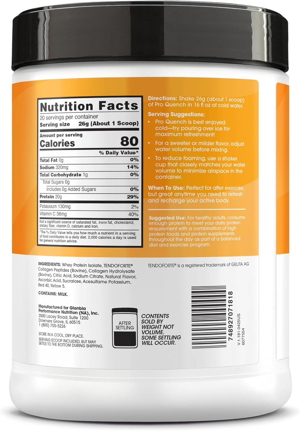 Pro Quench, 10G Clear Protein, 10G Collagen Peptides & Electrolyte Powder Drink Mix, Tropical Orange Mango, 20 Servings, 520 Grams (Packaging May Vary) (Pack of 6)