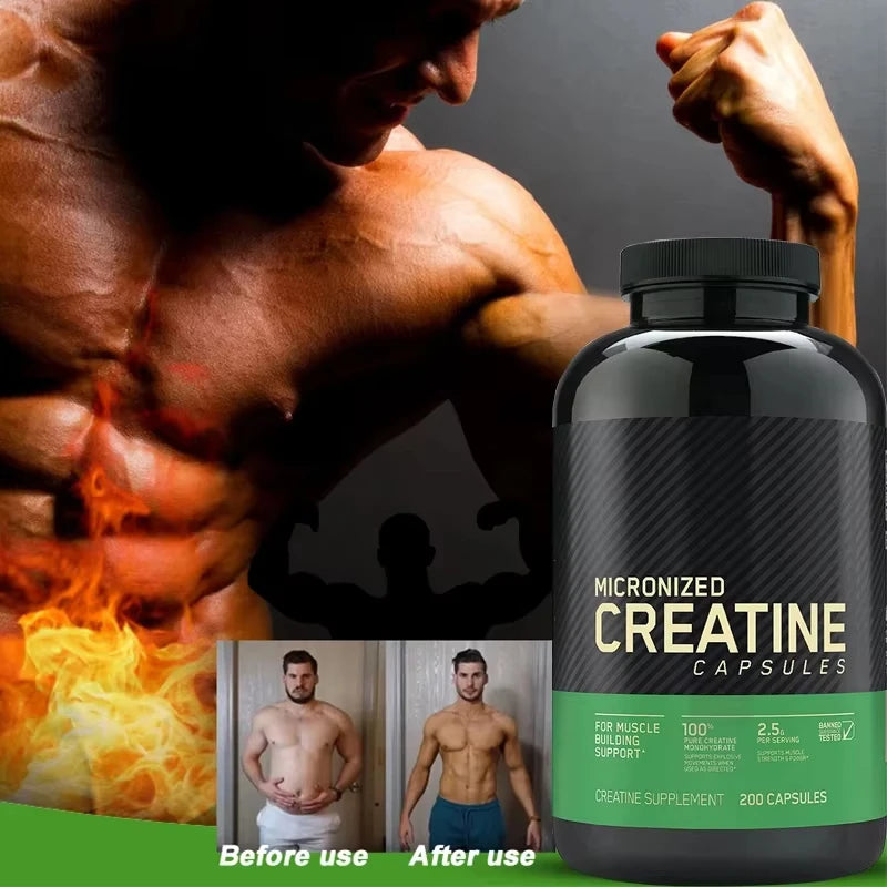 60 cápsulas de monohidrato de creatina. Suplemento para el rendimiento muscular para hombres y mujeres. Sin OGM ni gluten. Ideal para fitness y culturismo.