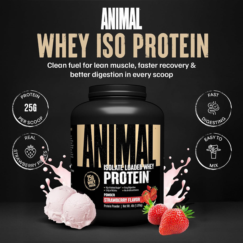 Proteína de suero aislada en polvo, 25 g de alto contenido proteico | Sabor fresa, 1.81kg