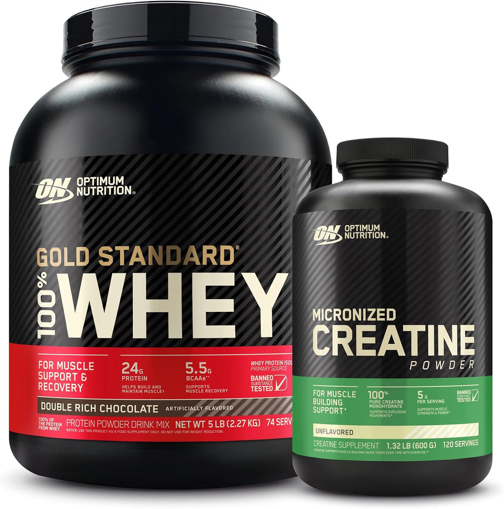 Proteína de suero en polvo 100% Gold Standard: chocolate doblemente rico (2.26kg) con monohidrato de creatina micronizado en polvo, sin sabor (120 porciones) - Paquete