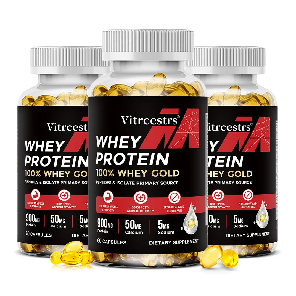Cápsulas de concentrado de proteína de suero - 900 mg de proteína, recuperación post-entrenamiento, salud muscular y refuerzo del sistema inmunitario, sin gluten ni OMG