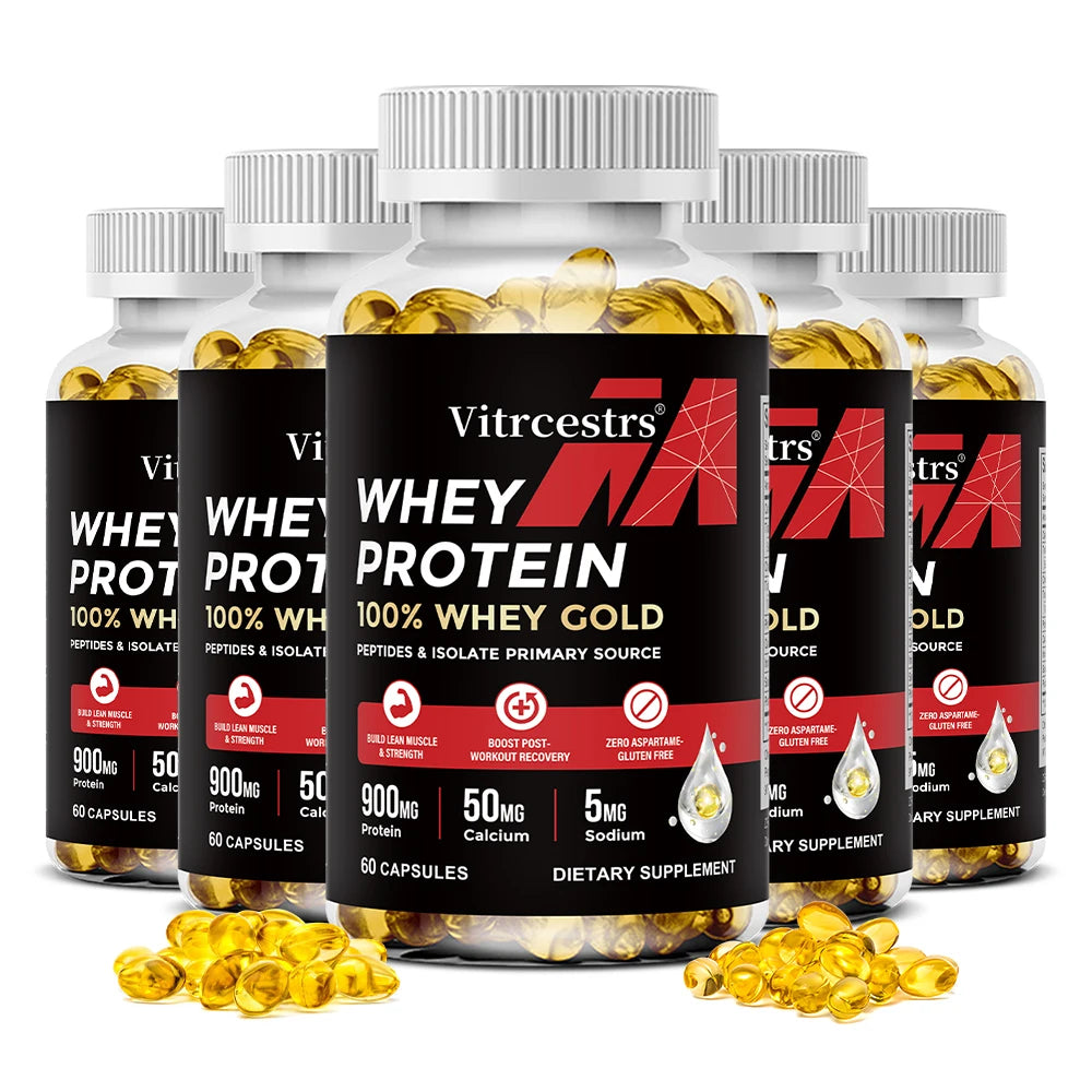 Cápsulas de concentrado de proteína de suero - 900 mg de proteína, recuperación post-entrenamiento, salud muscular y refuerzo del sistema inmunitario, sin gluten ni OMG
