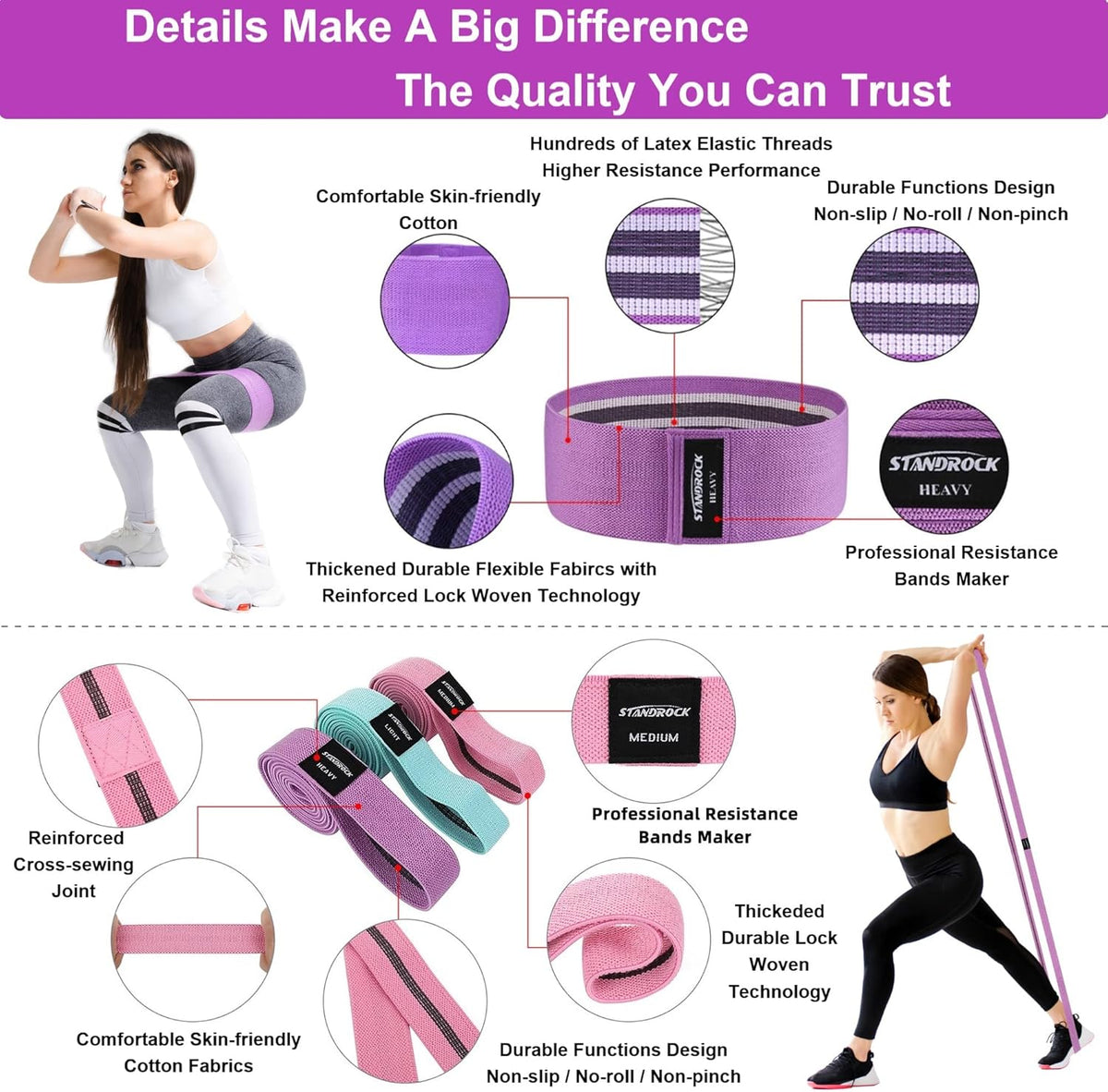 Bandas de resistencia de tela para hacer ejercicio, bandas para glúteos de 3 y 4 niveles Bandas de resistencia largas para mujeres y hombres | Bandas Elásticas para Ejercicio Bandas Resistencia Bandas Entrenamiento Resistencia