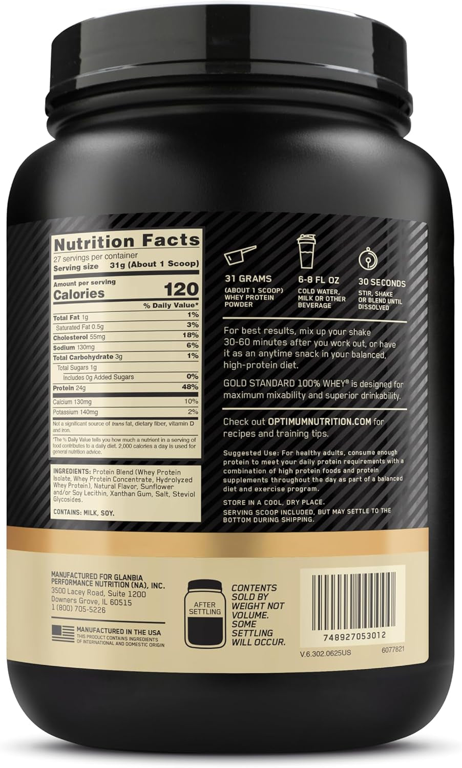 Proteína en polvo Gold Standard 100% Whey con sabor natural, vainilla (el envase puede variar), 1,9 libras (paquete de 6)