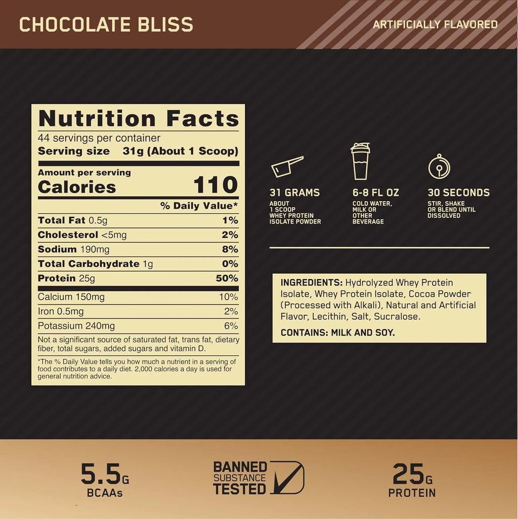 Optimum Nutrition Gold Standard 100% Isolate, Protein Powder, Chocolate Bliss, 3 Pounds, 44 Servings. Whey Protein Isolate
