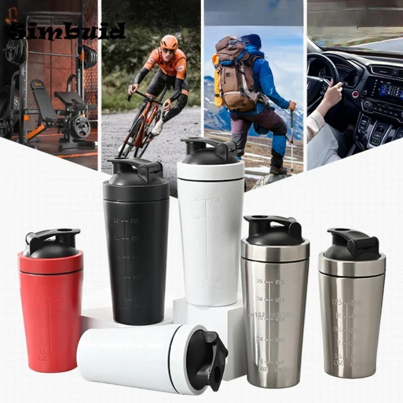 1 botella mezcladora de proteína en polvo de acero inoxidable con escala de bola, a prueba de fugas, para gimnasio, fitness, deportes, batidos de suero de leche y agua.
