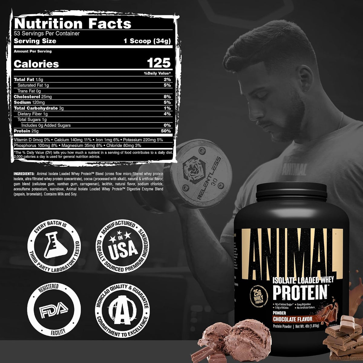 Proteína de suero aislada en polvo, 25 g de alto contenido proteico | Chocolate, 1.81kg