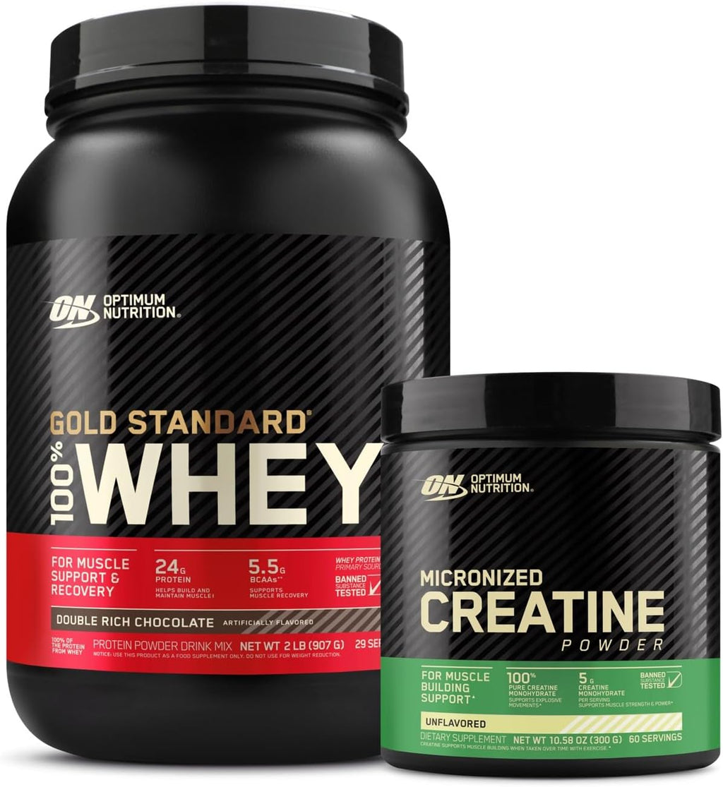 Gold Standard 100% Whey Protein (aislado como fuente principal) – Chocolate Double Rich, 907.18grs + Creatina monohidratada micronizada en polvo – Sin sabor, 300 gramos