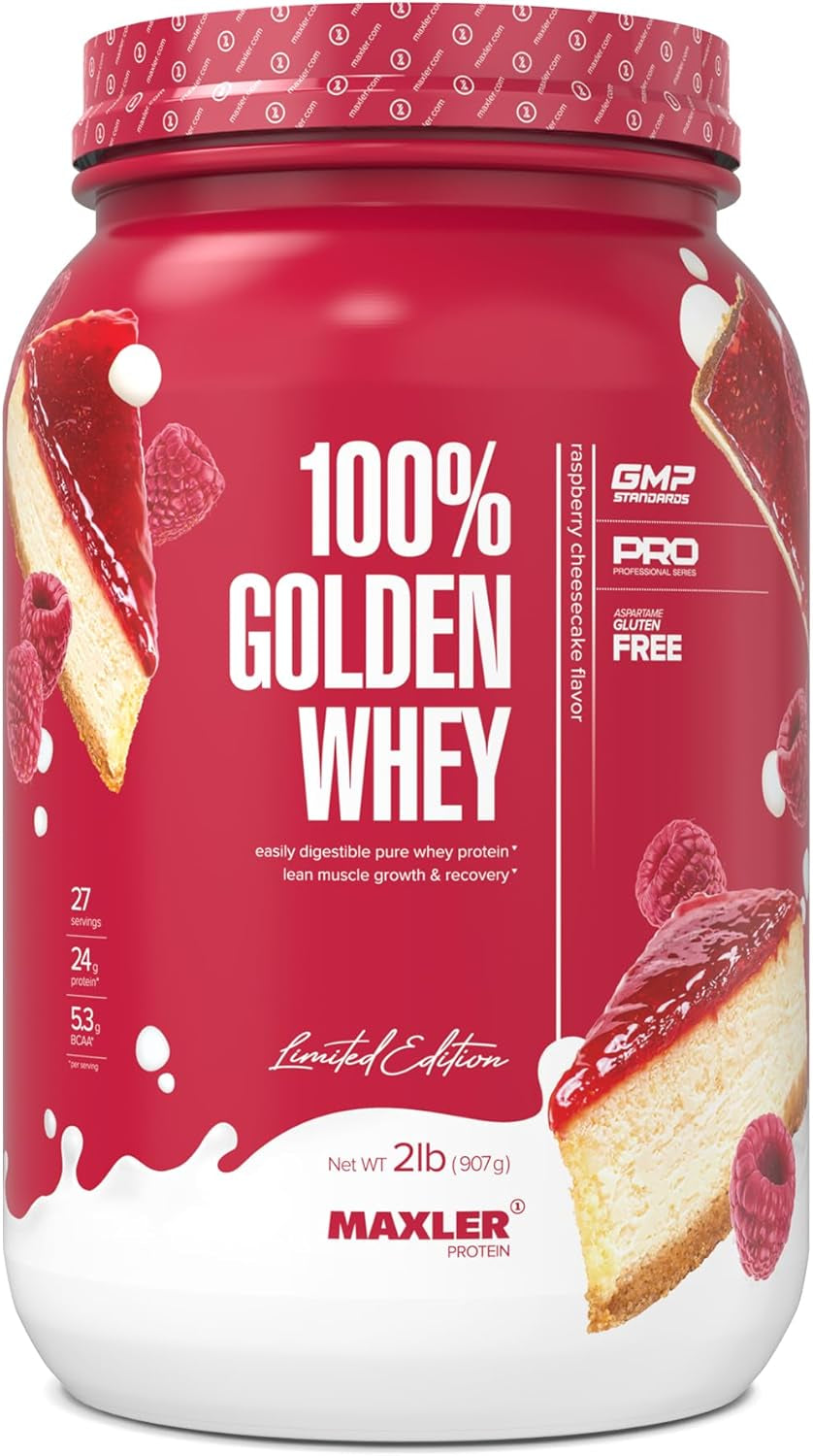 100% proteína de suero dorada - 24 g de proteína por porción - Proteína de suero en polvo para antes del entrenamiento - Mezcla de concentrado, aislado e hidrolizado de suero de rápida absorción - Tarta de queso con frambuesa 907.18grs.