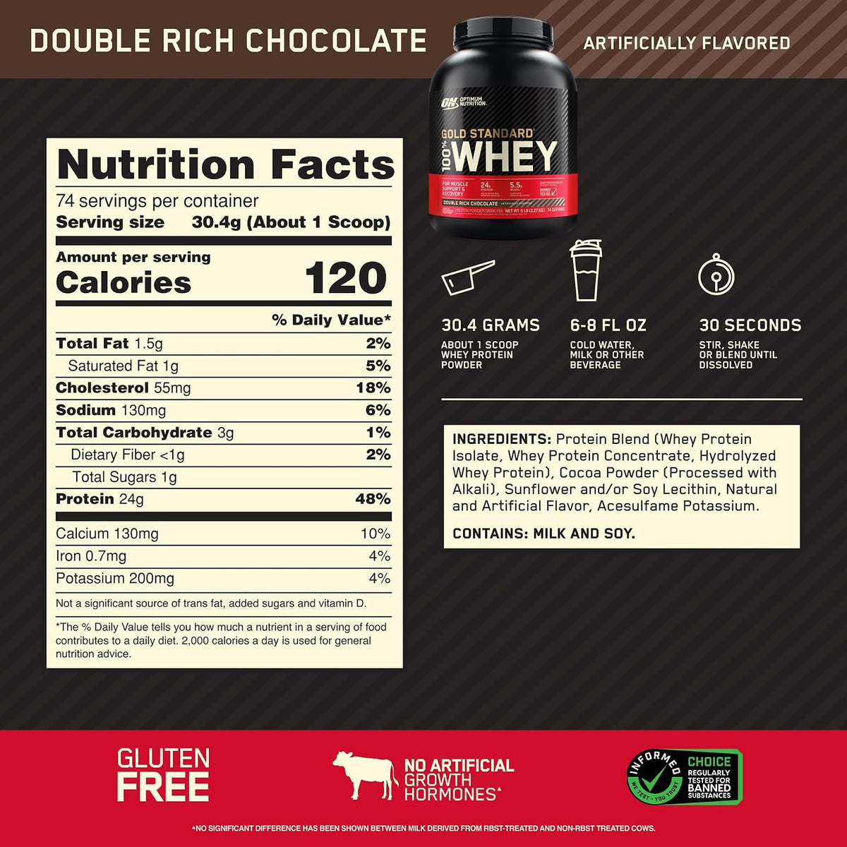 Proteína de suero en polvo 100% Gold Standard: chocolate doblemente rico (2.26kg) con monohidrato de creatina micronizado en polvo, sin sabor (120 porciones) - Paquete
