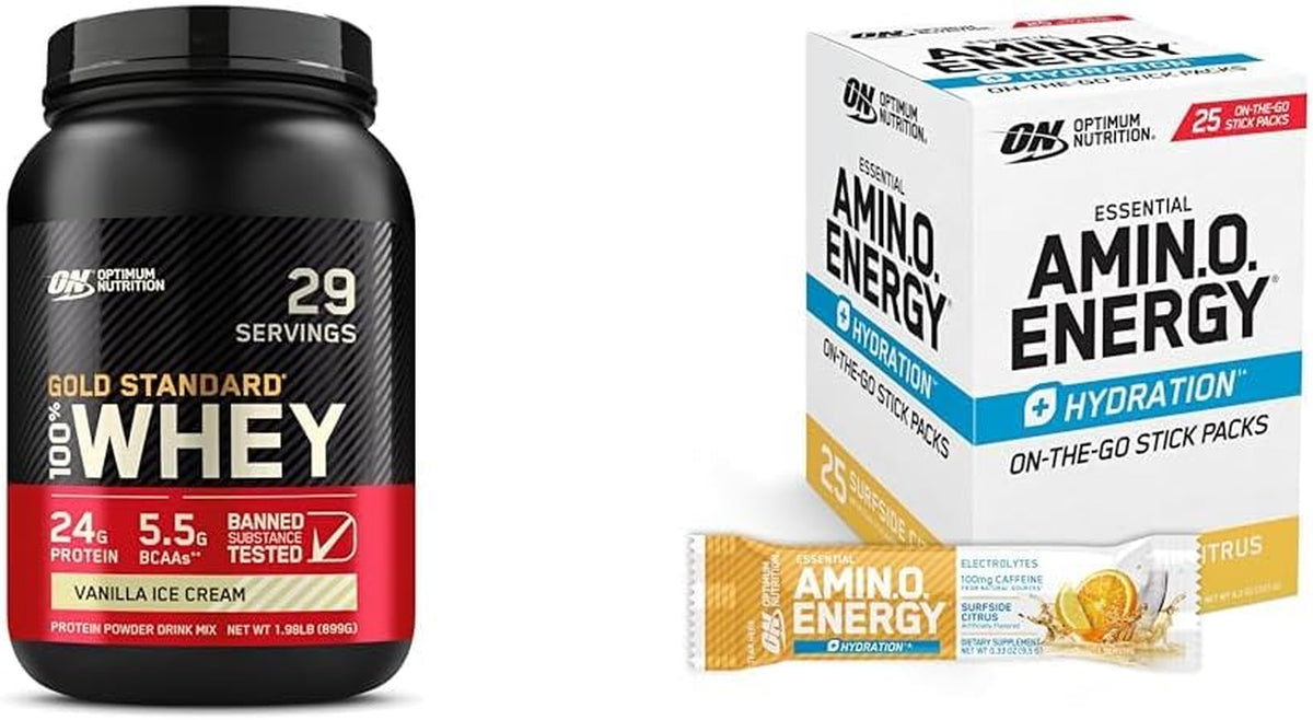 Workout Bundle with Gold Standard 100% Whey Protein Powder, Vanilla Ice Cream (29 Servings) and Amino Energy + Hydration Stick Packs, Surfside Citrus (25 Servings)