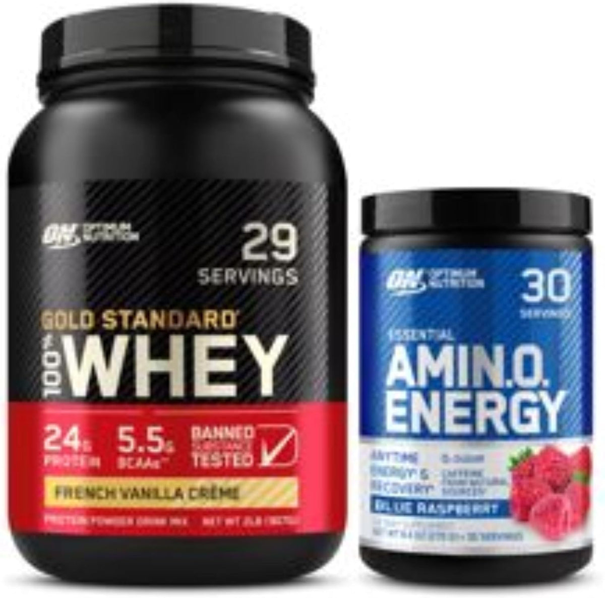 Paquete Dynamic Duo: Amino Energy sabor frambuesa azul (30 porciones) y proteína de suero 100% Gold Standard sabor crema de vainilla francesa (29 porciones).