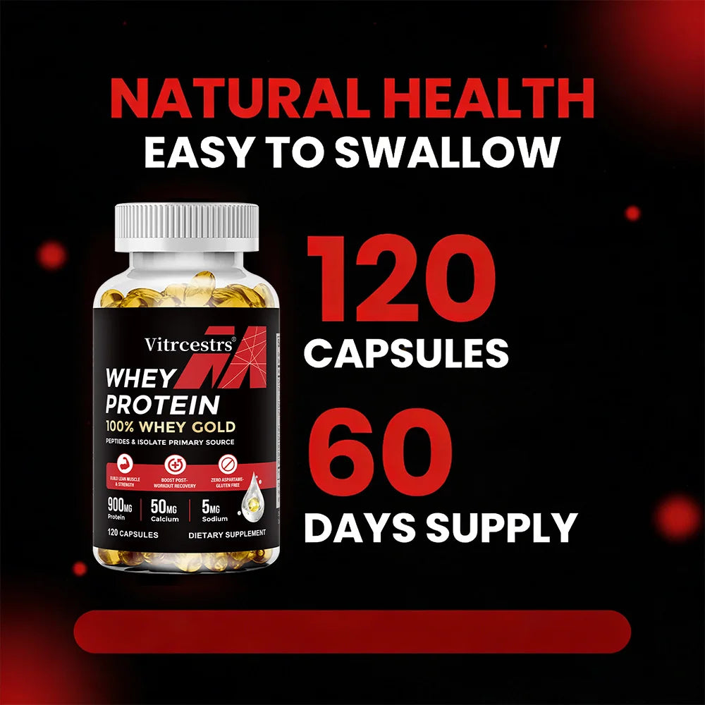 Cápsulas de concentrado de proteína de suero - 900 mg de proteína, recuperación post-entrenamiento, salud muscular y refuerzo del sistema inmunitario, sin gluten ni OMG