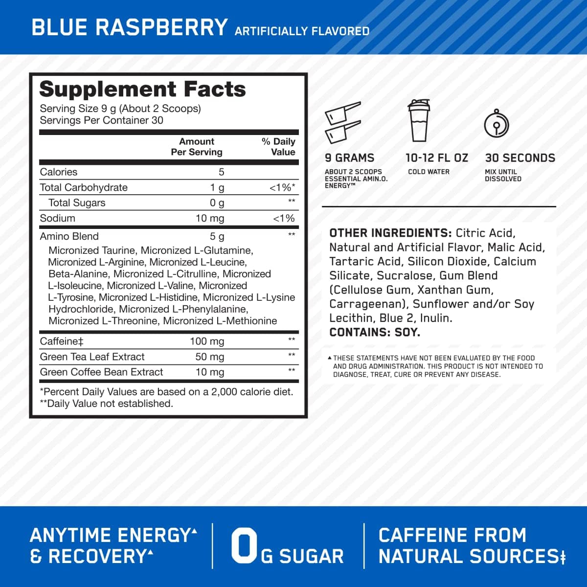 Paquete Dynamic Duo: Amino Energy sabor frambuesa azul (30 porciones) y proteína de suero 100% Gold Standard sabor crema de vainilla francesa (29 porciones).
