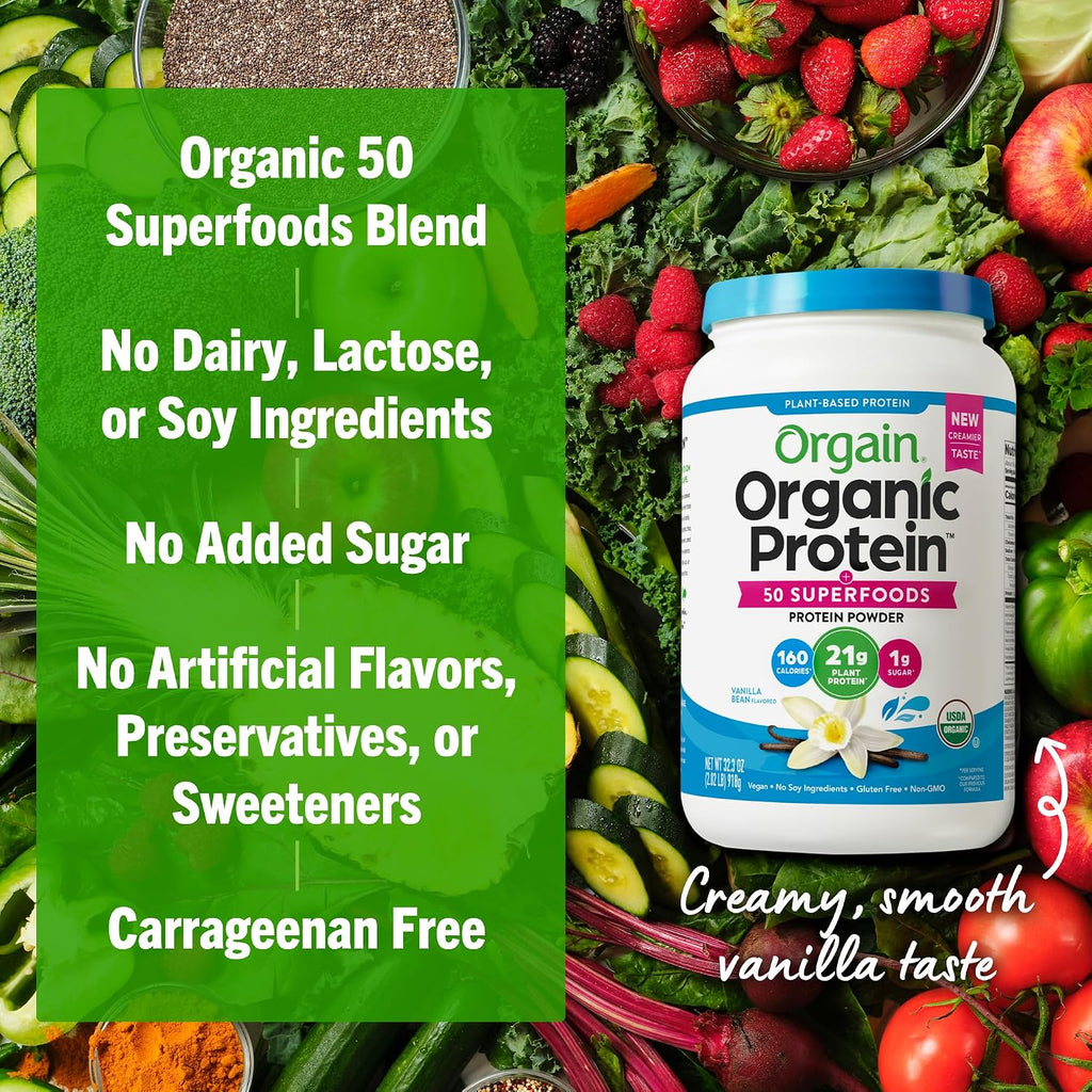 Proteína vegana orgánica en polvo de 21 g + superalimentos, sabor vainilla, 997grs.