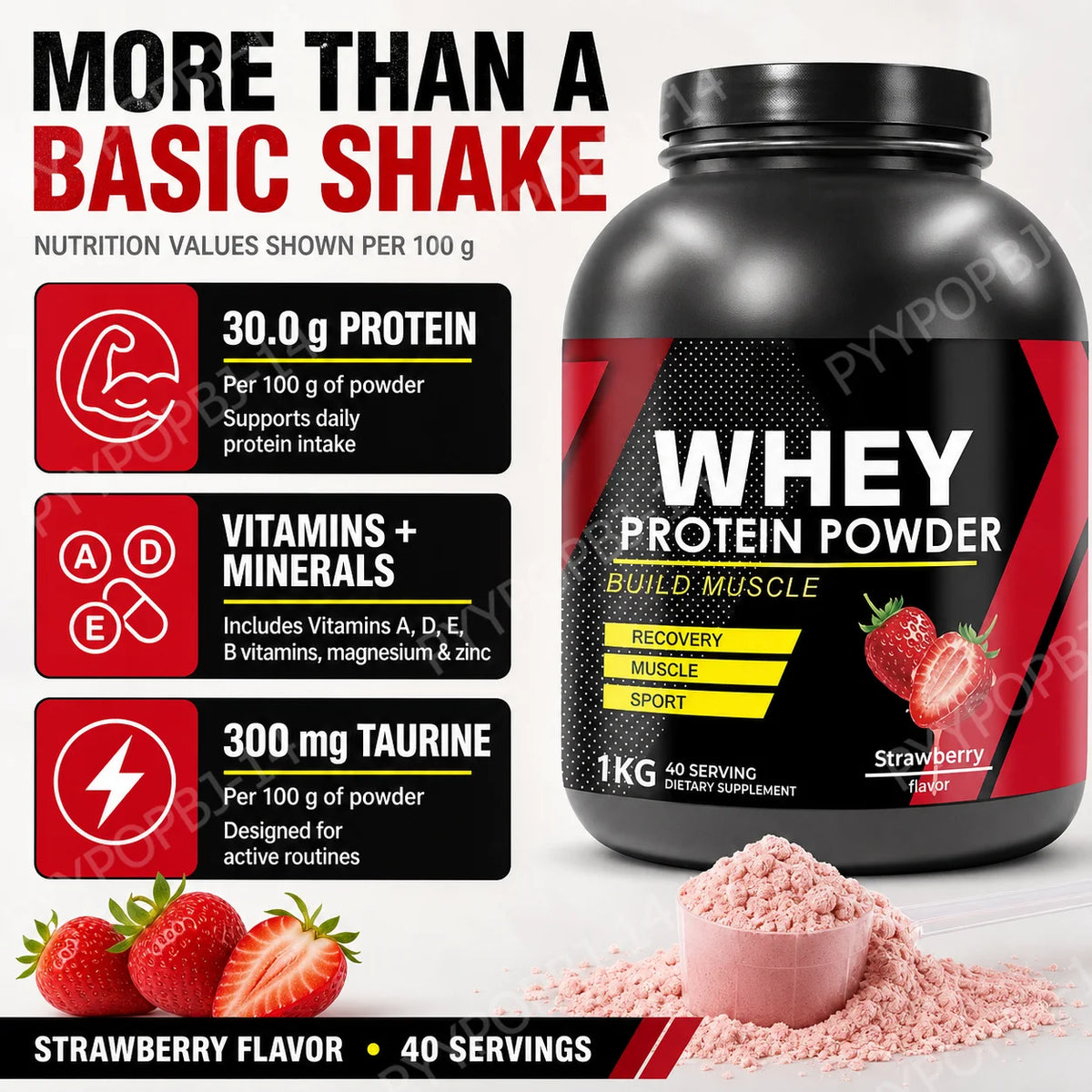 Proteína de suero de fresa en polvo para entrenamiento y desarrollo muscular, nutrición proteica diaria para adultos activos, fórmula deportiva, 1 kg.