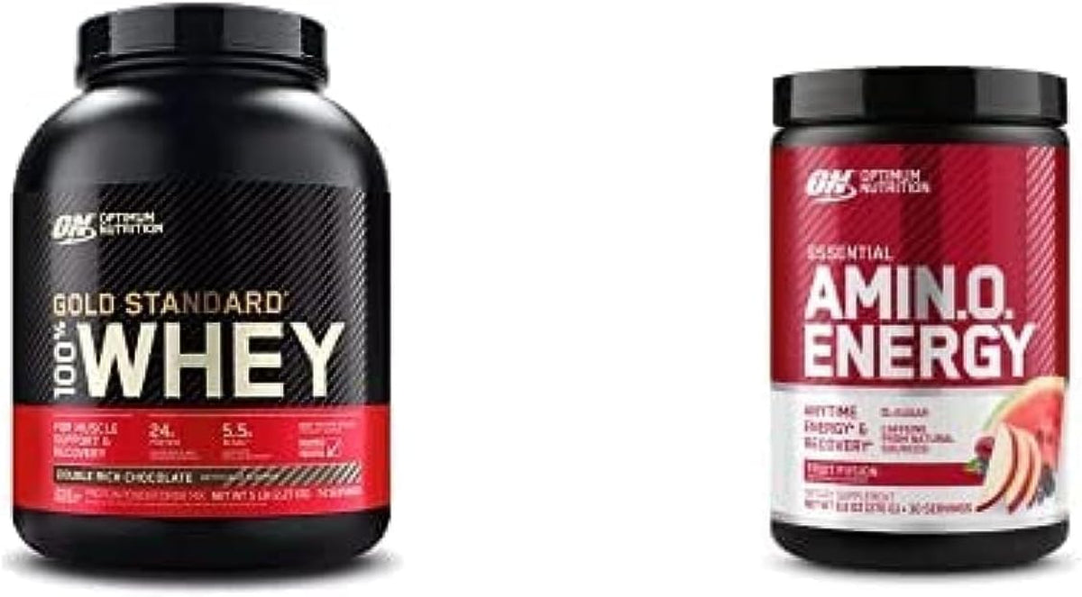 ON Gold Standard 100% Whey Protein Primary Source Isolate - Double Rich Chocolate 74 Porciones + on Amino Energy - BCAA, Aminoácidos, Apto para dieta cetogénica, Extracto de café verde - Fruit Fusion, 30 Porciones