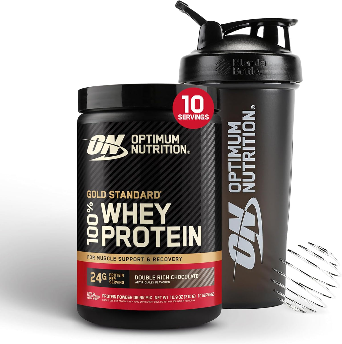 Paquete de proteína en polvo Gold Standard 100% Whey Protein (sabor Double Rich Chocolate, 10 porciones, 0,68 libras, 1 unidad) + vaso mezclador (28 oz, 1 unidad).