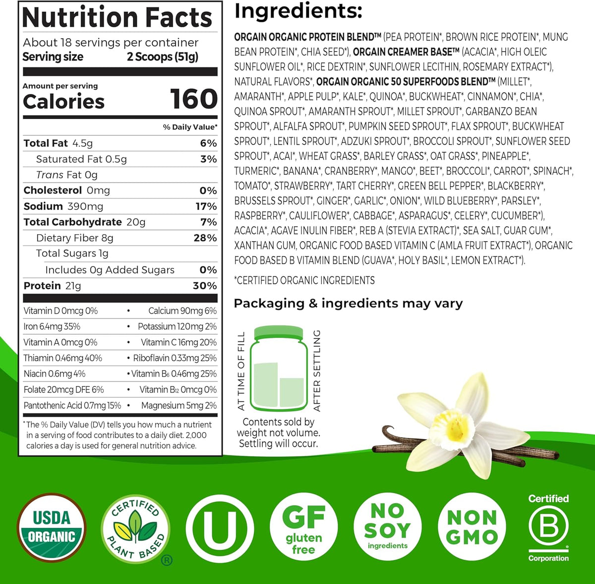 Proteína vegana orgánica en polvo de 21 g + superalimentos, sabor vainilla, 997grs.