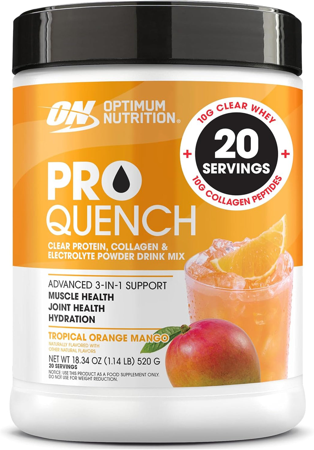 Pro Quench, 10G Clear Protein, 10G Collagen Peptides & Electrolyte Powder Drink Mix, Tropical Orange Mango, 20 Servings, 520 Grams (Packaging May Vary) (Pack of 6)