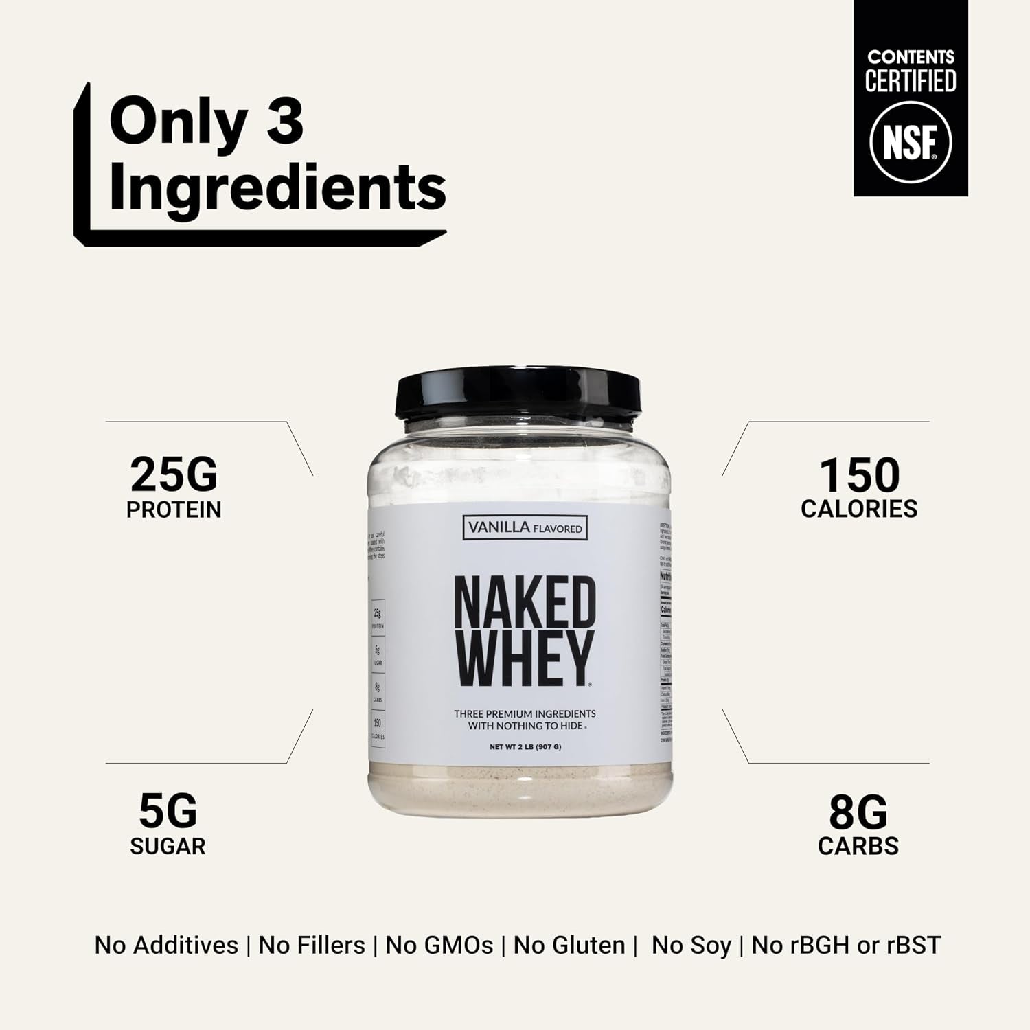 Whey Vanilla Protein Powder - Only 3 Ingredients - Grass Fed Whey Protein Powder, Vanilla Flavor, and Organic Coconut Sugar, NSF Certified, No GMO, No Soy, and Gluten Free - 24 Servings