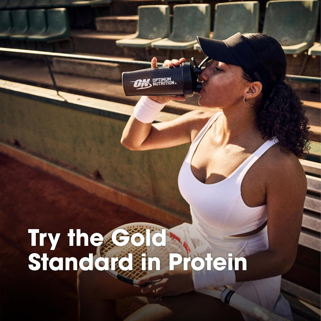 Paquete de proteína en polvo Gold Standard 100% Whey Protein (sabor Double Rich Chocolate, 10 porciones, 0,68 libras, 1 unidad) + vaso mezclador (28 oz, 1 unidad).