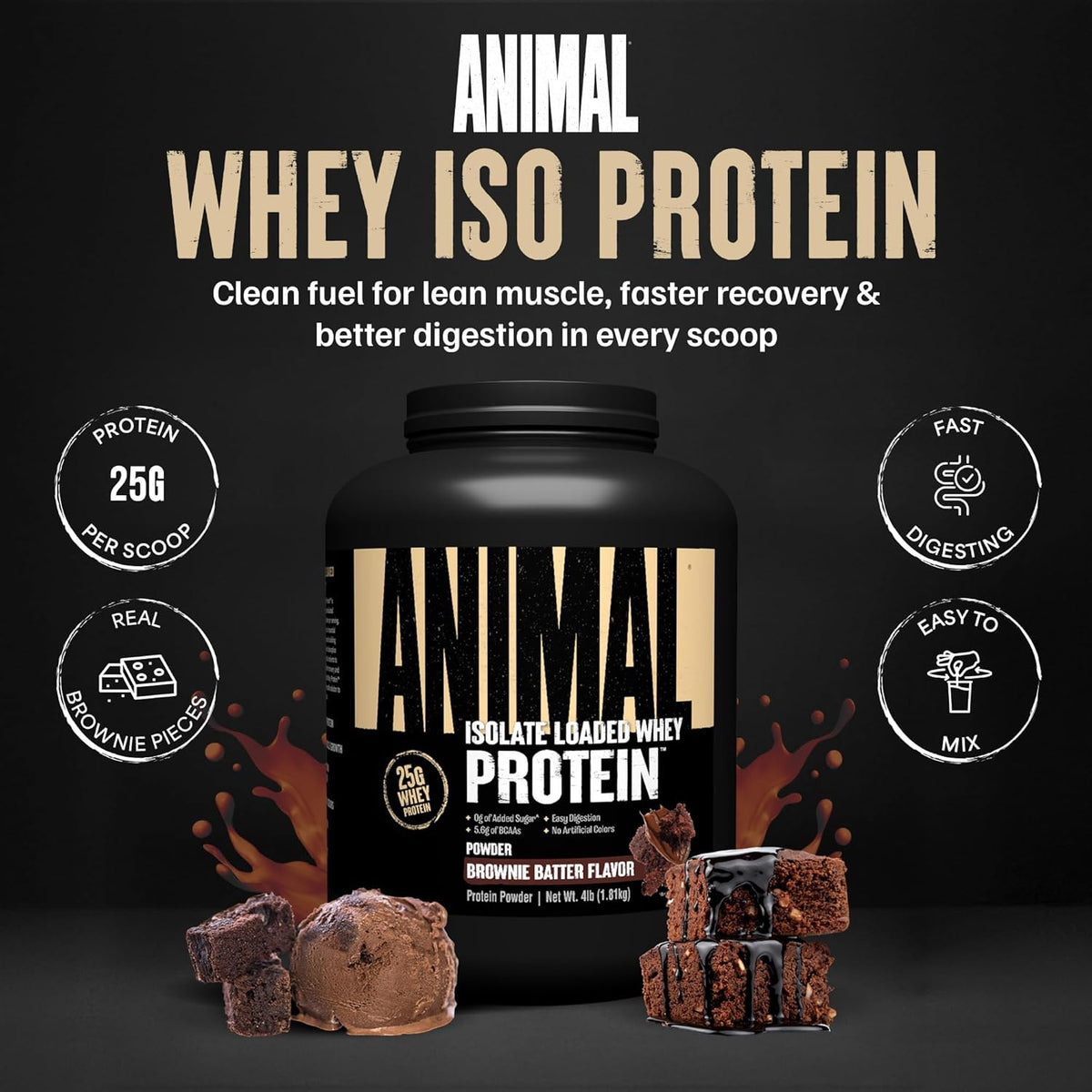 Proteína de suero aislada en polvo, 25 g de alto contenido proteico | Sabor masa de brownie, 1,81 kg.