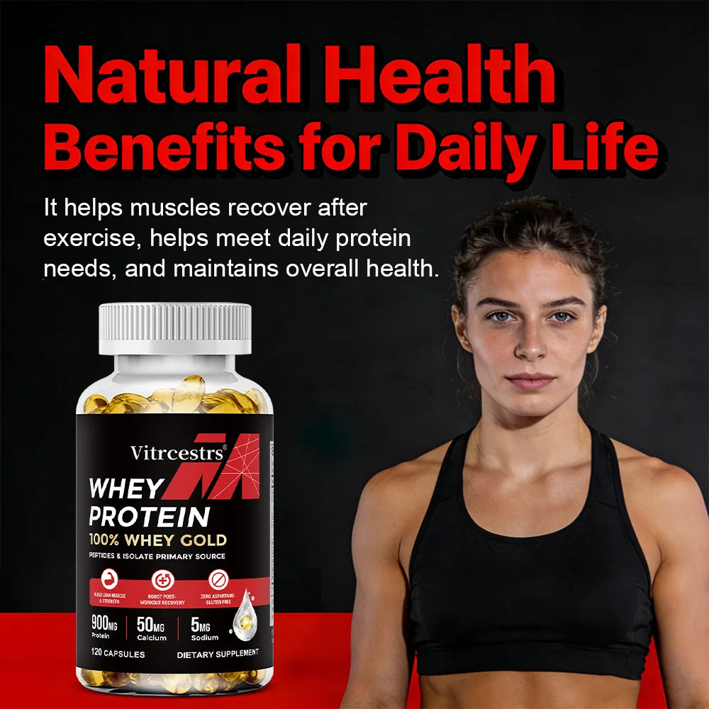 Cápsulas de concentrado de proteína de suero - 900 mg de proteína, recuperación post-entrenamiento, salud muscular y refuerzo del sistema inmunitario, sin gluten ni OMG