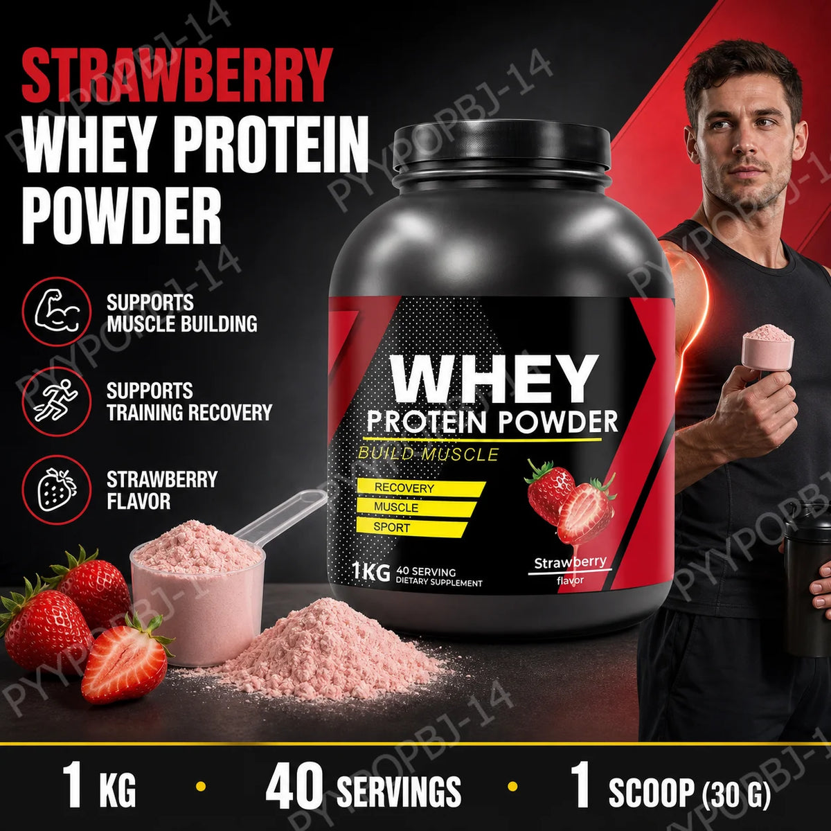 Proteína de suero de fresa en polvo para entrenamiento y desarrollo muscular, nutrición proteica diaria para adultos activos, fórmula deportiva, 1 kg.