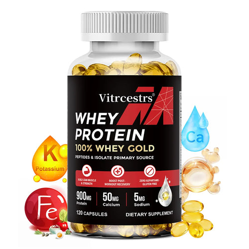 Cápsulas de concentrado de proteína de suero - 900 mg de proteína, recuperación post-entrenamiento, salud muscular y refuerzo del sistema inmunitario, sin gluten ni OMG