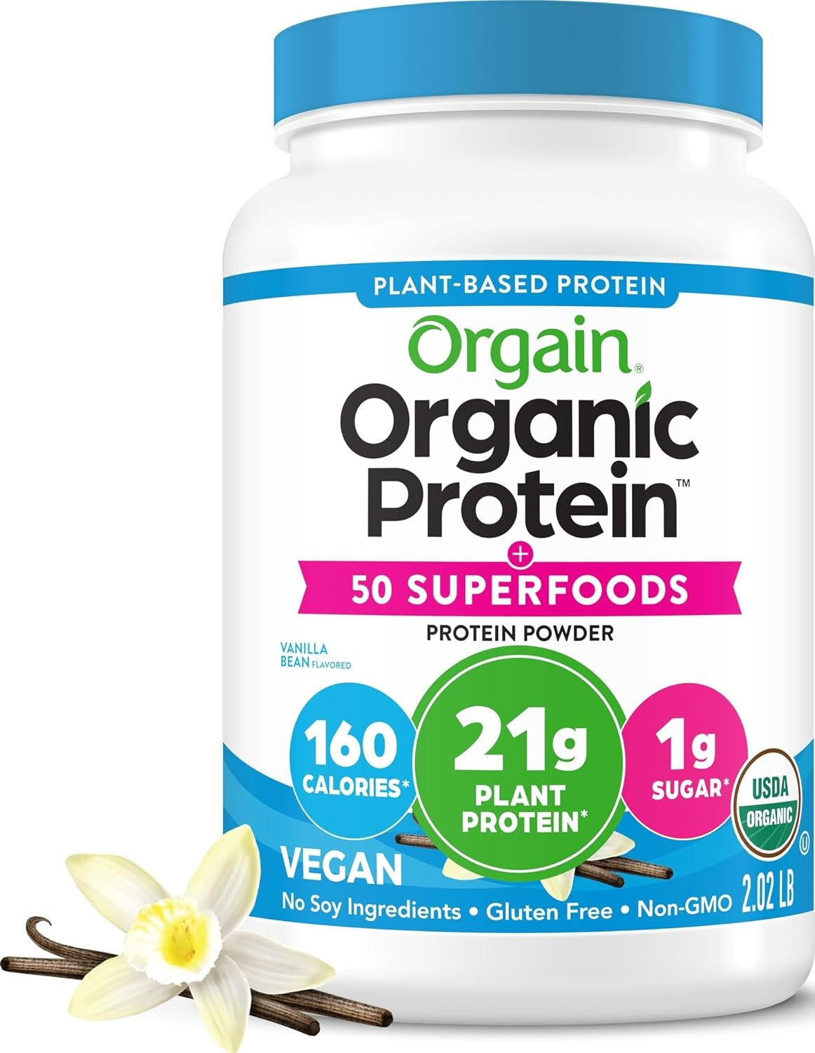Proteína vegana orgánica en polvo de 21 g + superalimentos, sabor vainilla, 997grs.