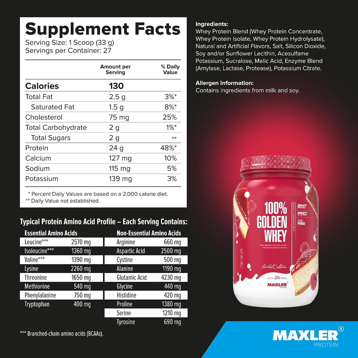 100% proteína de suero dorada - 24 g de proteína por porción - Proteína de suero en polvo para antes del entrenamiento - Mezcla de concentrado, aislado e hidrolizado de suero de rápida absorción - Tarta de queso con frambuesa 907.18grs.