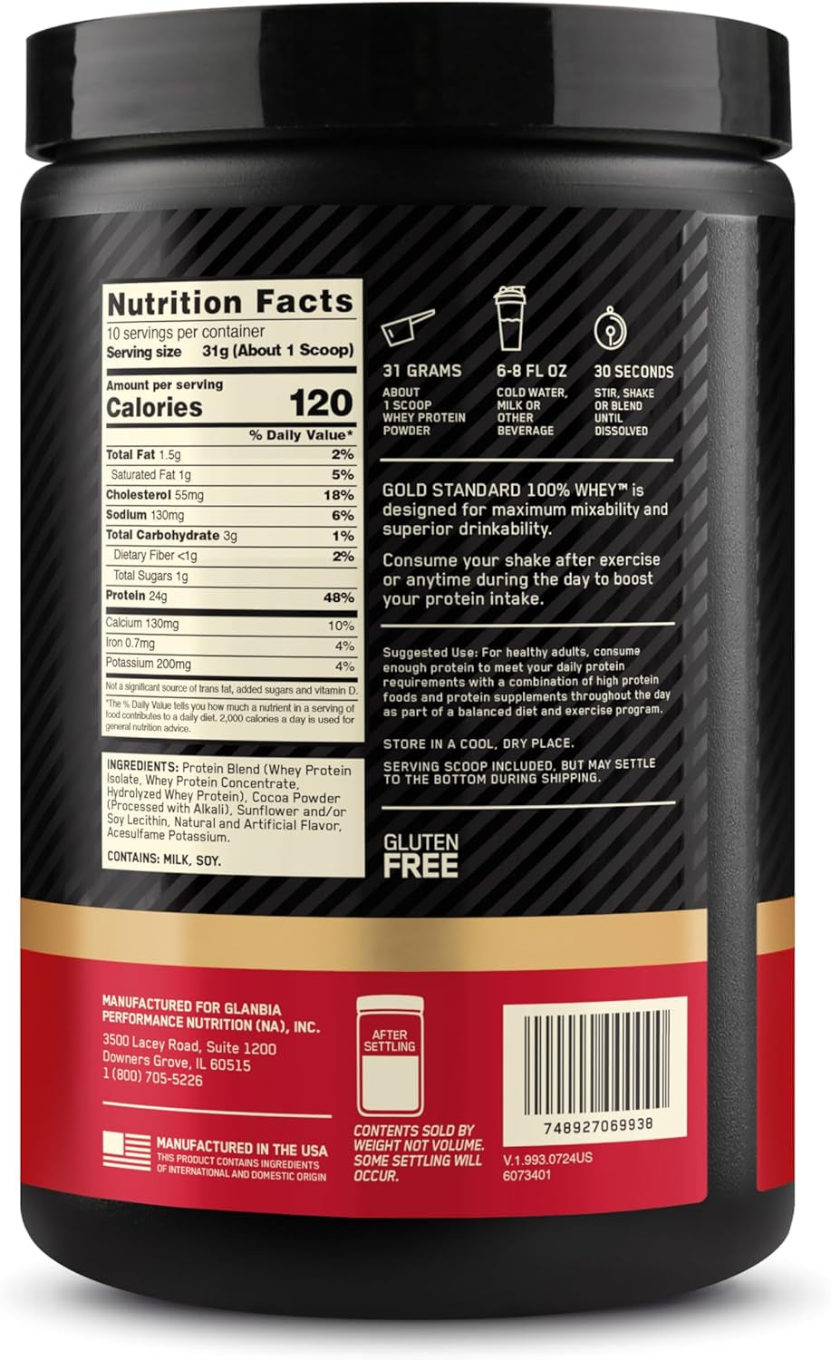 Paquete de proteína en polvo Gold Standard 100% Whey Protein (sabor Double Rich Chocolate, 10 porciones, 0,68 libras, 1 unidad) + vaso mezclador (28 oz, 1 unidad).