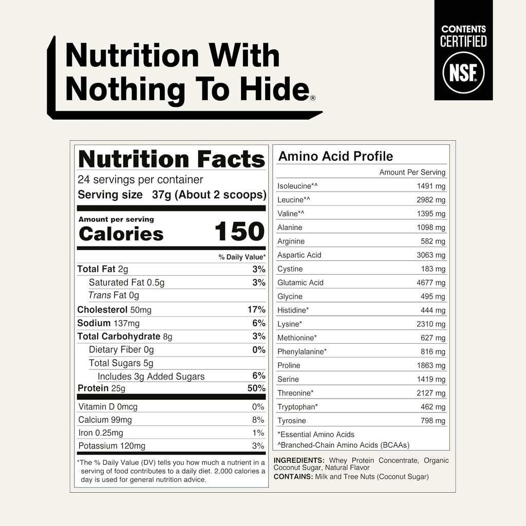 Whey Vanilla Protein Powder - Only 3 Ingredients - Grass Fed Whey Protein Powder, Vanilla Flavor, and Organic Coconut Sugar, NSF Certified, No GMO, No Soy, and Gluten Free - 24 Servings