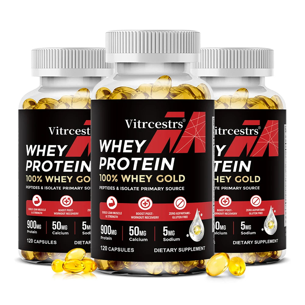 Cápsulas de concentrado de proteína de suero - 900 mg de proteína, recuperación post-entrenamiento, salud muscular y refuerzo del sistema inmunitario, sin gluten ni OMG