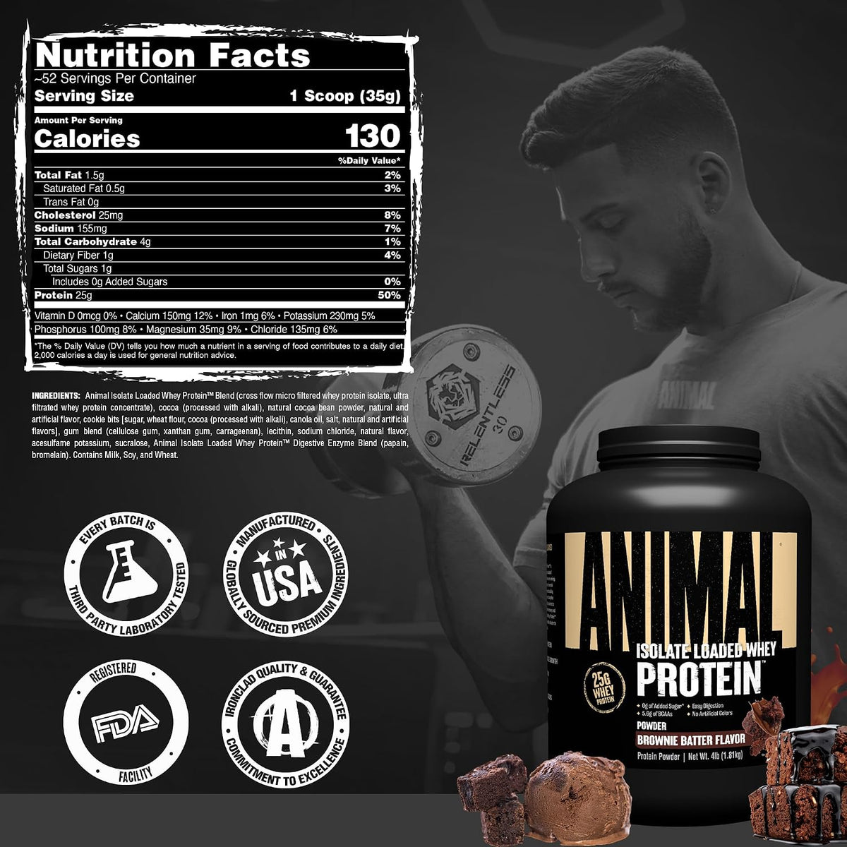 Proteína de suero aislada en polvo, 25 g de alto contenido proteico | Sabor masa de brownie, 1,81 kg.