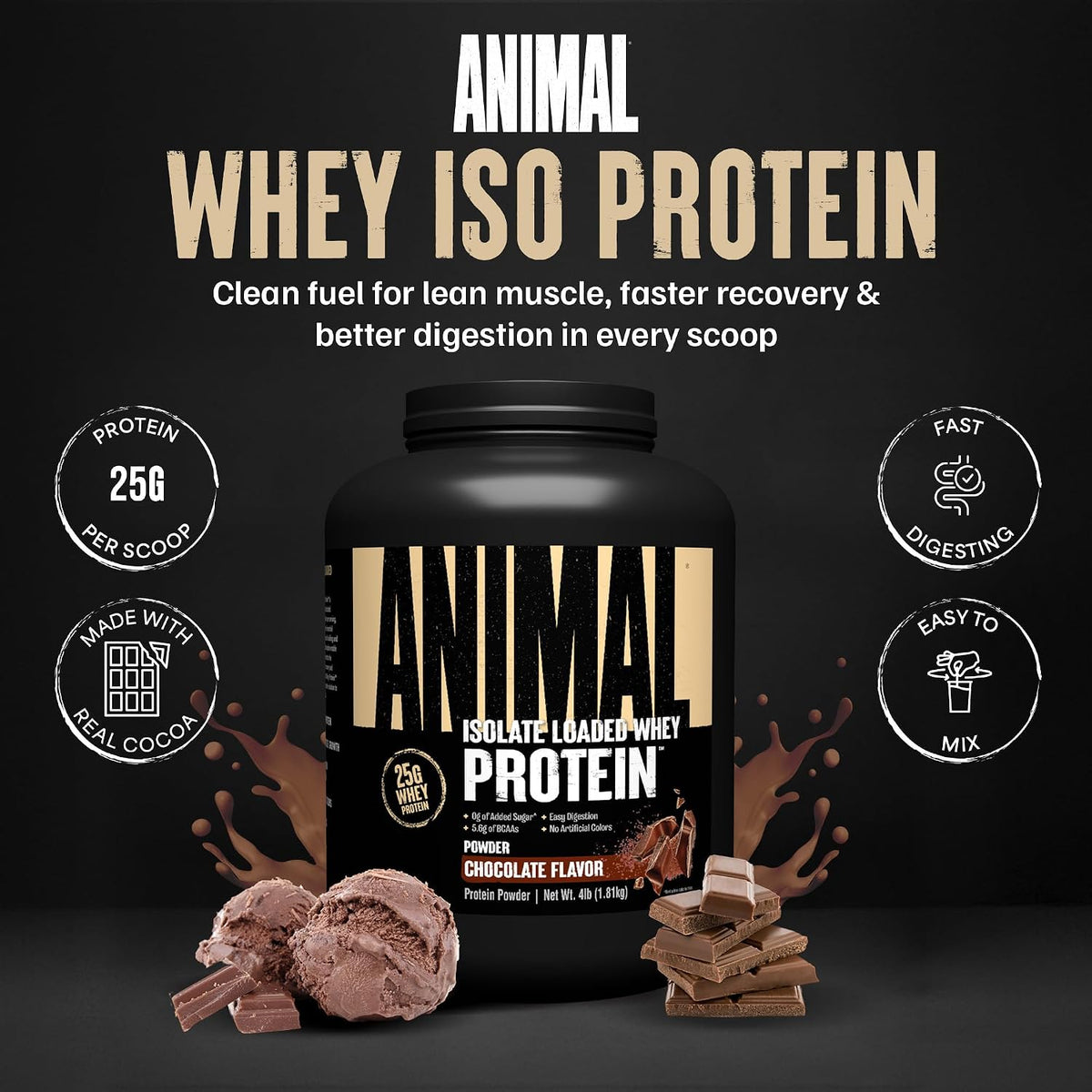 Proteína de suero aislada en polvo, 25 g de alto contenido proteico | Chocolate, 1.81kg