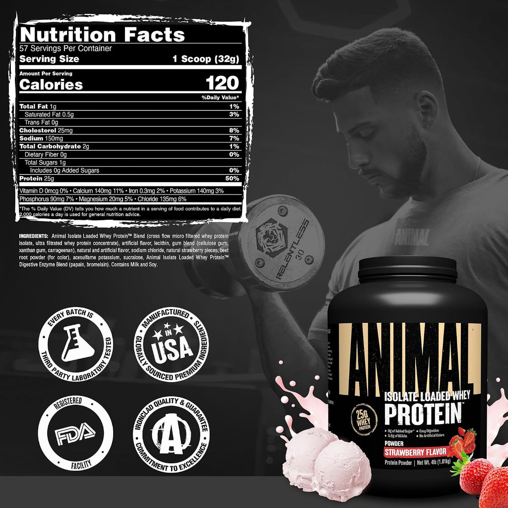 Proteína de suero aislada en polvo, 25 g de alto contenido proteico | Sabor fresa, 1.81kg