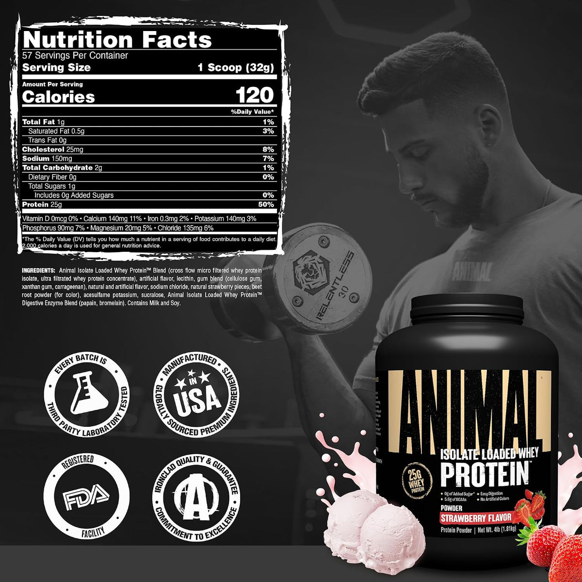 Proteína de suero aislada en polvo, 25 g de alto contenido proteico | Sabor fresa, 1.81kg