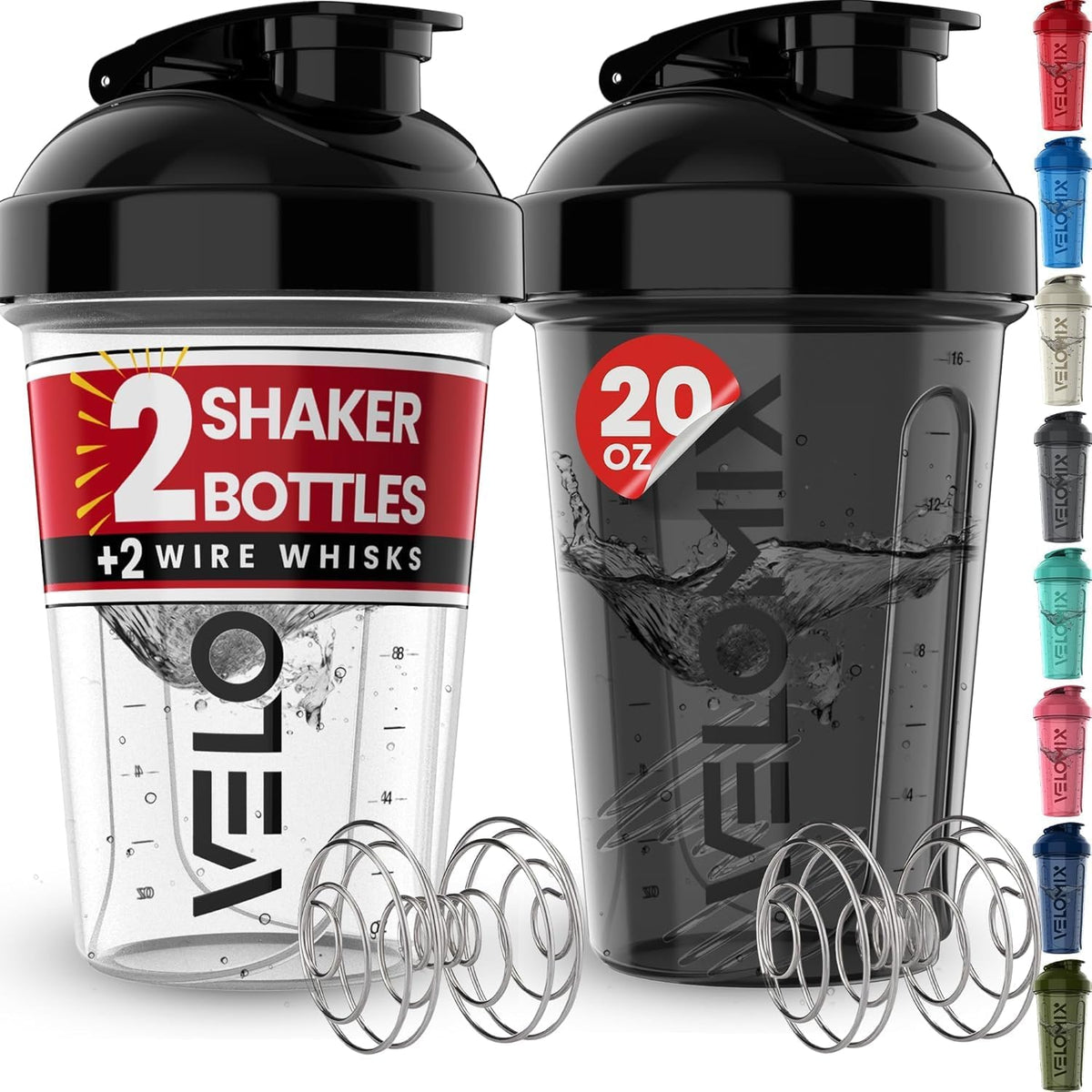Paquete de 2 botellas mezcladoras de proteínas de 20 oz (aprox. 600 ml) para mezclas de proteínas, negro/transparente.
