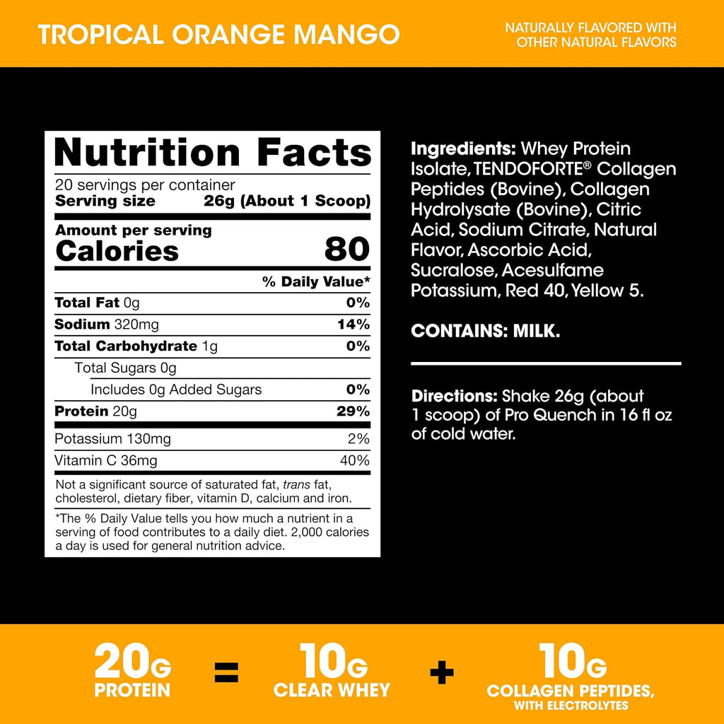 Pro Quench, 10G Clear Protein, 10G Collagen Peptides & Electrolyte Powder Drink Mix, Tropical Orange Mango, 20 Servings, 520 Grams (Packaging May Vary) (Pack of 6)