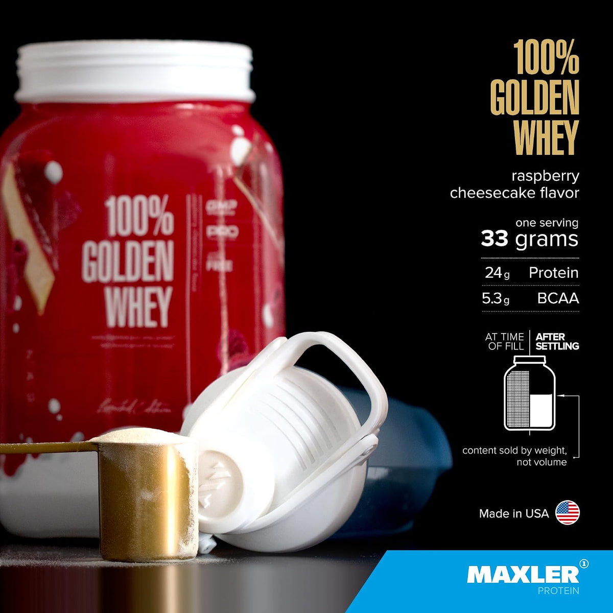 100% proteína de suero dorada - 24 g de proteína por porción - Proteína de suero en polvo para antes del entrenamiento - Mezcla de concentrado, aislado e hidrolizado de suero de rápida absorción - Tarta de queso con frambuesa 907.18grs.