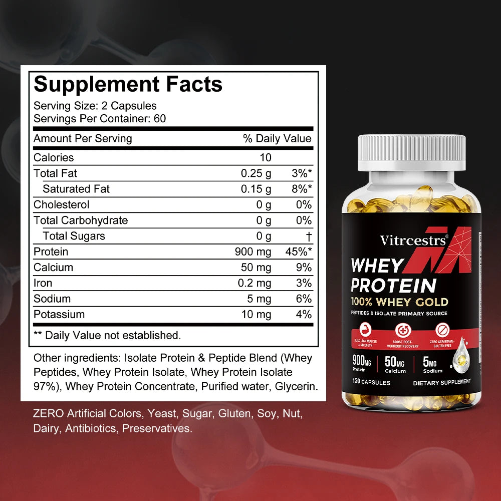 Cápsulas de concentrado de proteína de suero - 900 mg de proteína, recuperación post-entrenamiento, salud muscular y refuerzo del sistema inmunitario, sin gluten ni OMG